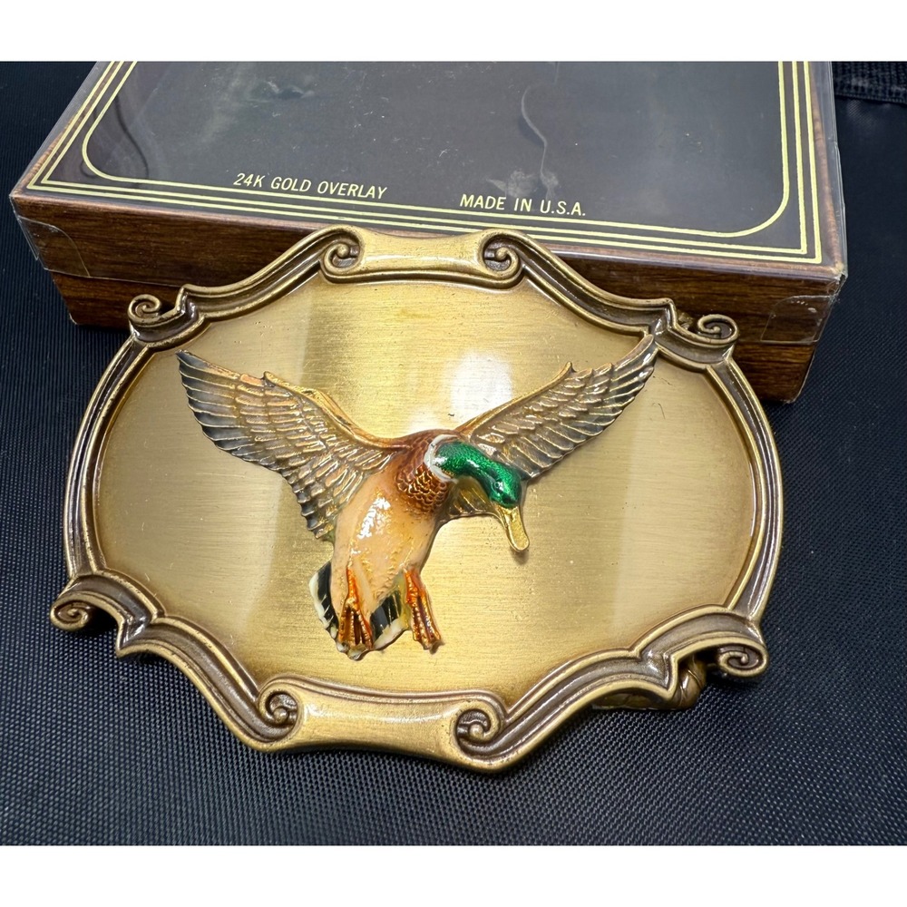 Vintage Duck Belt Buckle 24K Gold Overlay Made in USA Collectible RainTree w/Box